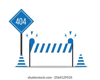 Error 404 Page not Found Sign with Construction Barrier Flat Style. Website service and browsing internet concept vector