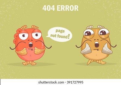 Error 404, page not found. Funny fish. Vector isolated illustration. Cartoon character
