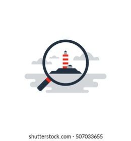 Error 404 page not found. Lighthouse on horizon, lifelong ambition. Future thinking and prediction, vector illustration