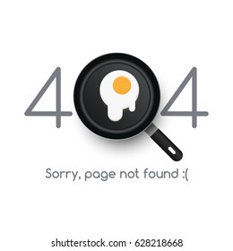 Error 404 page not found. A broken chicken egg is fried in a realistic frying pan.