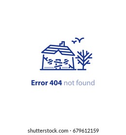 Error 404 page not found concept, abandoned old house with boarded up windows and door, forgotten home, neglected building, creepy place, decayed cottage, vector line design