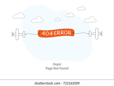 Error 404 page not found, flat design vector. Vector illustration of plane bring a banner with wording 404 error.