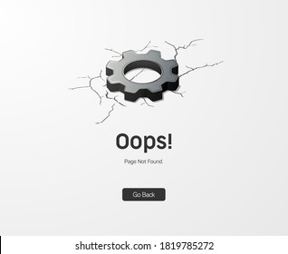 Error 404 page. Oops! Page not found. Black and white Isometric illustration for web. Gear and cracks. 