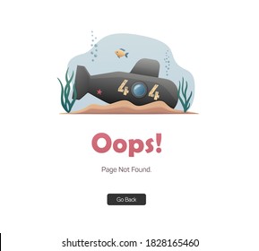 Error 404 page. Oops! Sorry, page not found. A sunken submarine. Flat illustration for web.