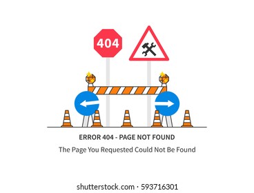 Error 404 page with road construction signs vector illustration on white background. Broken web page graphic design. Error 404 page not found creative template.
