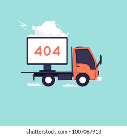 Error 404 page. Truck carries a computer for repairs. Flat vector illustration in cartoon style.