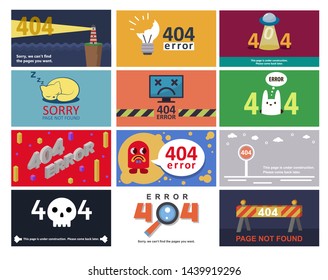 Error 404 page vector internet problem or web warning message webpage not found erroneously illustration funny set of erroneous website failure or alert site is broken service information background