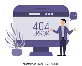 Error 404 pages site and man concept vector illustration. Man get an internet error 404. Page not found concept.