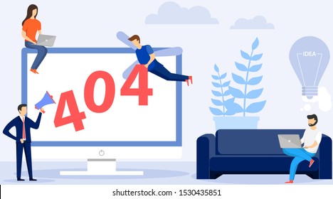 Error 404 pages of the site. Mini people fix error 404. The site is under repair. Computer screensaver with error 404. Vector illustration in flat design style.