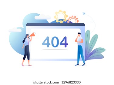 Error 404 with people and big computer screen, disconnection from the Internet, unavailable page. Business concept vector illustration. For web banner, website, flyer, card