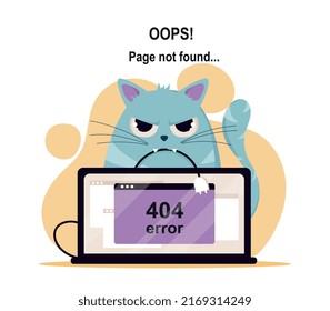 Error 404 poster. Angry cat sits next to laptop, user cannot open desired page on Internet. wrong website link, technical work. Modern technologies and digital world. Cartoon flat vector illustration