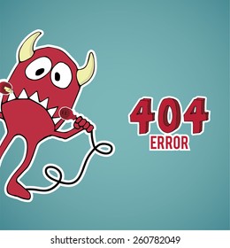 Error 404, red monster offset with disconnected cables on blue color background