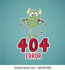Error 404, sad monster disconnect cables over blue color background