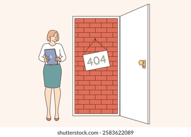 Error 404 is seen by business woman who opens door blocked with bricks, symbolizing ban on gaining access. Girl with tablet is sad and for 404 errors meaning absence of required page on website