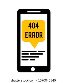 Error 404 sign on mobile phone screen. Page not found mistake with exclamation mark symbol. Smartphone with error message. Vector isolated illustration of smartphone error in flat style.