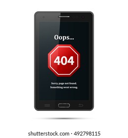 Error 404 sign on mobile phone screen. Page not found mistake. Black smartphone with error message. Internet error sign. Vector isolated illustration of realistic smartphone error.