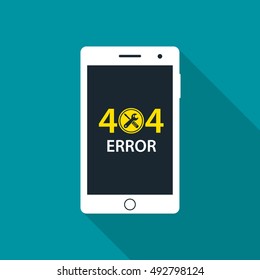 Error 404 sign on mobile phone screen. Page not found mistake with exclamation mark symbol. Smartphone with error message. Vector isolated illustration of smartphone error in flat style.