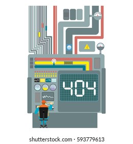 Error 404. System production failure. Page not found template for web site. fault Factory. Page lost and found message. problem disconnect
