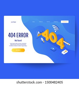 Error 404 unavailable web page. Isometric numbers 404 with diagram, errors and pen on a blue background.
