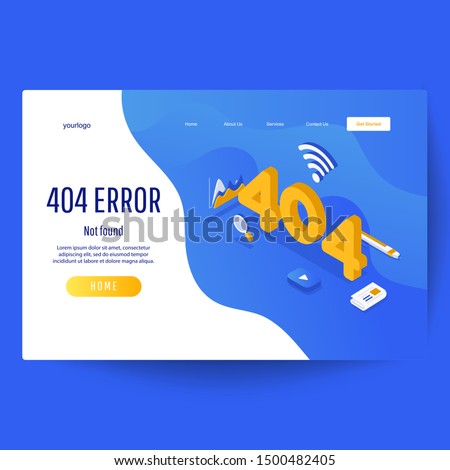 Error 404 unavailable web page. Isometric numbers 404 with diagram, errors and pen on a blue background.