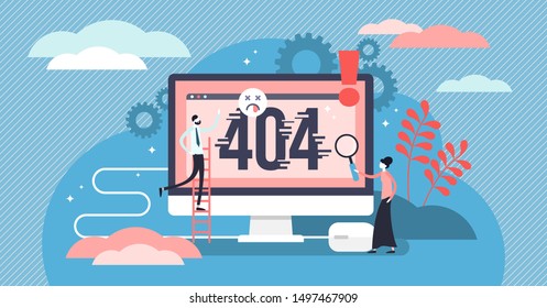 Error 404 vector illustration. Flat tiny website mistake alert persons concept. Page not fount fail message as pop up notification. Oops broken network failure and problem with sorry attention signal.