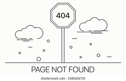 Error 404. Vector illustration. Page not found, road sign, clouds, incorrect request, search, website, online, loading. Internet concept. Vector line icon for Business and Advertising.