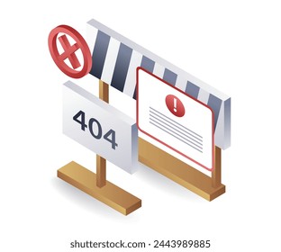 Error 404 warning sign, flat isometric 3d illustration