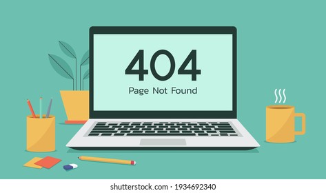 Error 404 or web page not found on laptop computer concept, flat vector illustration