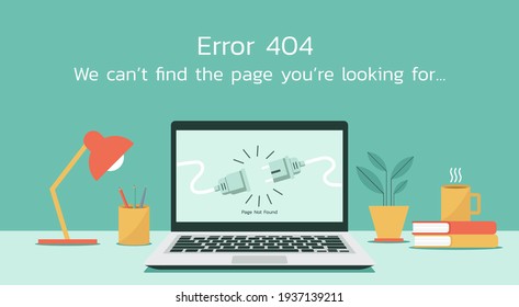 Error 404 web page not found on laptop computer concept, flat design vector illustration