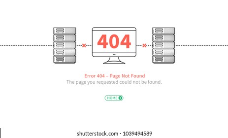 Error 404 web page template vector design. Website 404 page error with servers, desktop and broken connection creative concept. Modern 404 page not found line art.