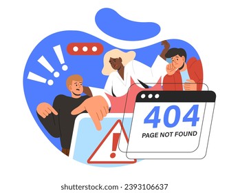 Error 404 at webpage concept. Page not found. Error with access to website. Wrong address and broken link, technical problems. Cartoon flat vector illustration isolated on white background