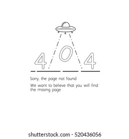 Error 404. Website template. Sorry, the page not found. UFO abducts the inscription. Minimalistic design. 