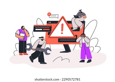 Error alert, internet failure, system problem concept. Tiny people fixing 404 mistake. Information technology security warning, risk. Flat graphic vector illustration isolated on white background