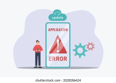 Error application vector concept: Young man gets error notification from mobile application 