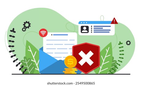 Error and attention background template. Design elements, mail and money coin. Backdrop with leafs. Design for wallpaper, web, background, banner. User information. Flat cartoon style design.