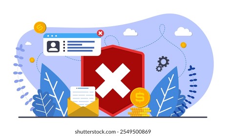 Error and attention background template. User page, mail and money coin. Backdrop with leafs. Design for wallpaper, web, background, banner. User information. Flat style illustration.