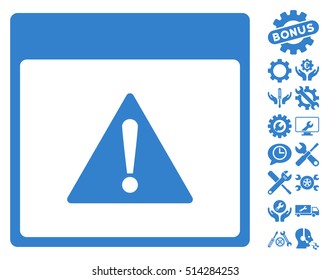 Error Calendar Page icon with bonus configuration clip art. Vector illustration style is flat iconic symbols, cobalt, white background.