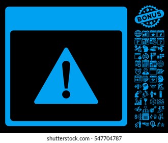 Error Calendar Page icon with bonus calendar and time management icon set. Vector illustration style is flat iconic symbols, blue, black background.