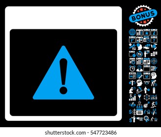Error Calendar Page icon with bonus calendar and time management pictograms. Vector illustration style is flat iconic symbols, blue and white, black background.
