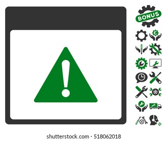 Error Calendar Page pictograph with bonus tools design elements. Vector illustration style is flat iconic symbols, green and gray, white background.