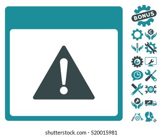 Error Calendar Page pictograph with bonus settings design elements. Vector illustration style is flat iconic symbols, soft blue, white background.