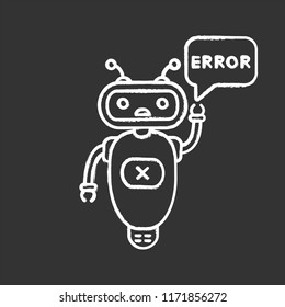 Error chatbot chalk icon. Talkbot with error in speech bubble. Online customer support. Virtual assistant. Modern robot. Isolated vector chalkboard illustration