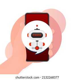 Error chatbot glyph icon. Silhouette symbol. Talkbot with error in speech bubble. Error bot. Artificial intelligence