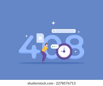 Error code 408 Request Timeout. The server disconnects the connection request because it takes too long. A visitor gets a 408 error message on a web page because of a network problem. illustration 