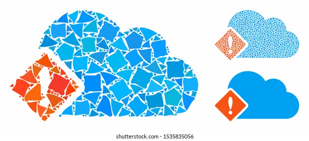 Error composition of tuberous pieces in different sizes and color tones, based on error icon. Vector joggly pieces are organized into composition. Error icons collage with dotted pattern.
