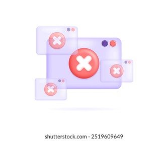 Error concepts and errors. Notification if an error occurs. program or error system. Illustration of the appearance of software windows with a cross. symbol or icon. Minimalist 3D style design