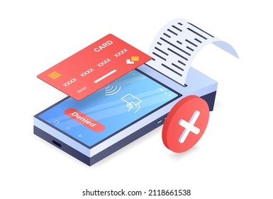 Error contactless payments abstract concept. Denied in Cashless payment via bank card and terminal. Failed purchase attempt with NFS. Modern technologies. Cartoon isometric vector illustration