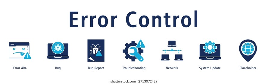 Banner do controle de erros com ícones de Erro 404, Erro, Relatório de erros, Solução de problemas, Rede, Atualização do sistema e Espaço reservado.