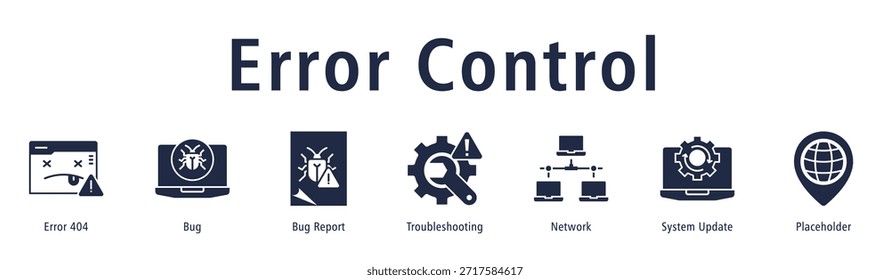 Fehlerkontrollbanner mit den Symbolen Fehler 404, Fehler, Fehlerbericht, Fehlerbehebung, Netzwerk, Systemaktualisierung und Platzhalter.