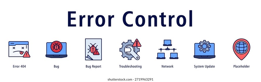 Anuncio de control de errores con iconos de error 404, error, informe de error, solución de problemas, red, Actualizar del sistema y marcador de posición.